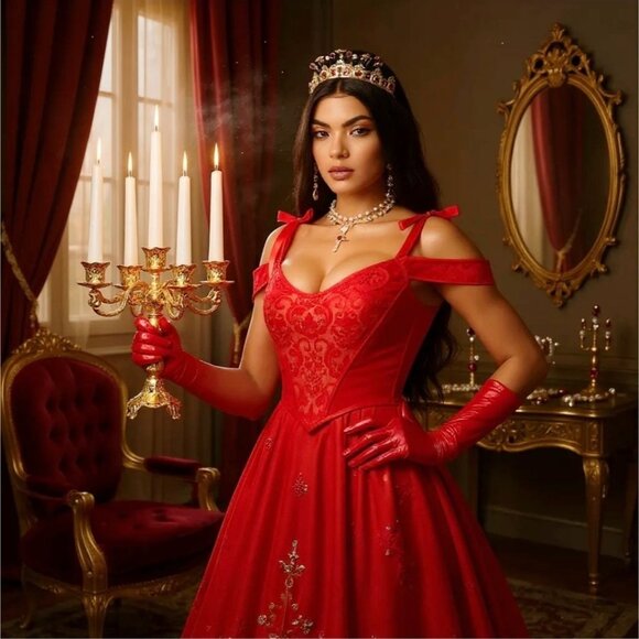 Sugar Thrillz Scarlet Satin Floral Jacquard Corset w/ Tie Straps & Lace‑Up – M - Picture 3 of 8